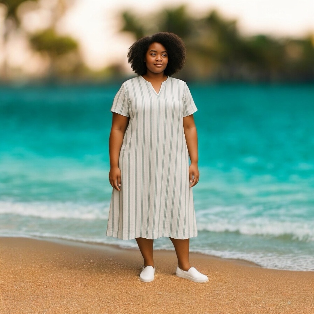 Haven White Gray Maxi Dress Muumuu Short Sleeve Cotton Gauze Striped Loungewear - Picture 16 of 16
